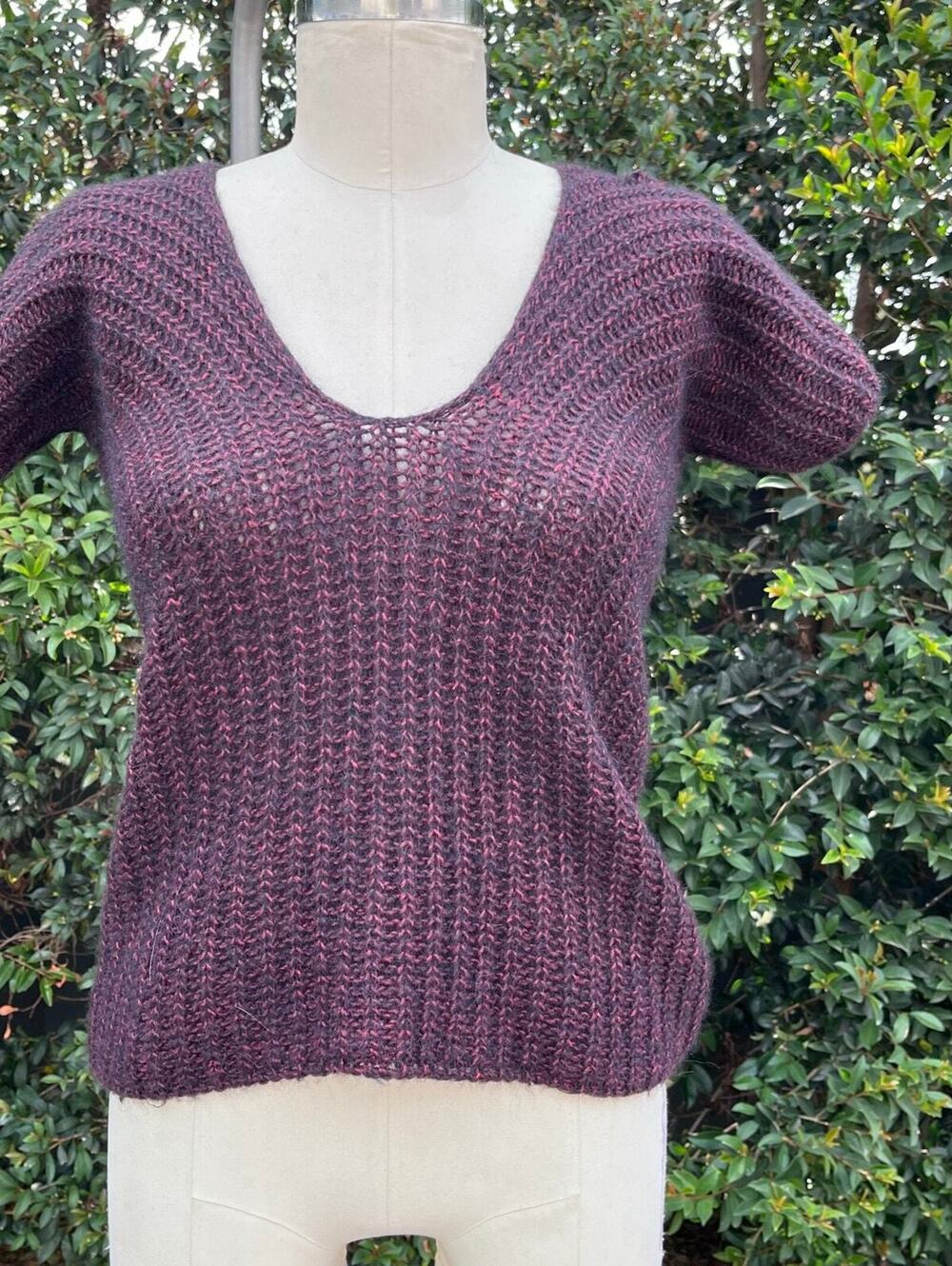 90s Vintage Emporio Armani Knit Sweater US 8 Made in Italy Burgundy Open V-Neck